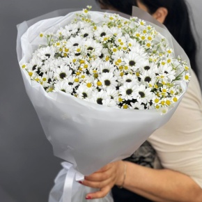 Букет "Понарошку" из хризантем сантини и ромашек в Хотьково
