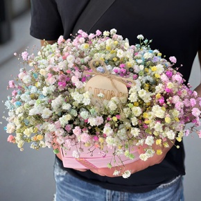 Композиция в коробке сердца из радужных гипсофил с топпером в Хотьково