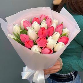 Букет из 25 кораллово-белых тюльпанов в Хотьково